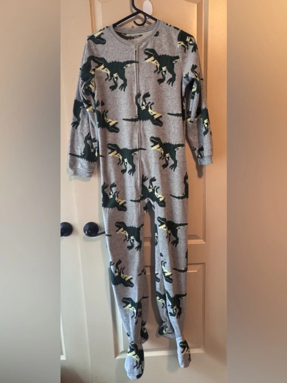 Carter's Grey Footed One-Piece Pajamas with Green and Yellow Dinosaurs